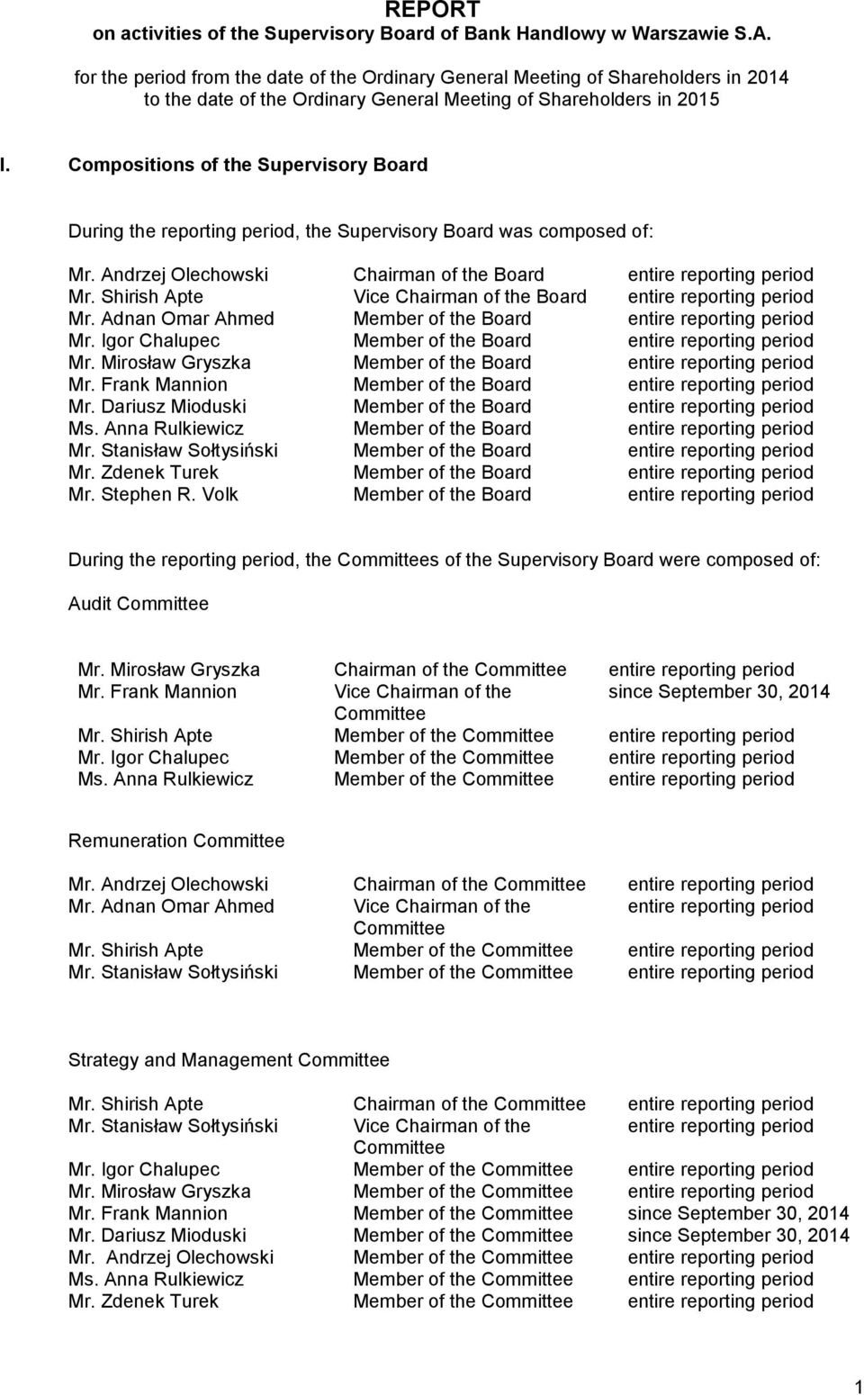 Compositions of the Supervisory Board During the reporting period, the Supervisory Board was composed of: Mr. Andrzej Olechowski Chairman of the Board entire reporting period Mr.