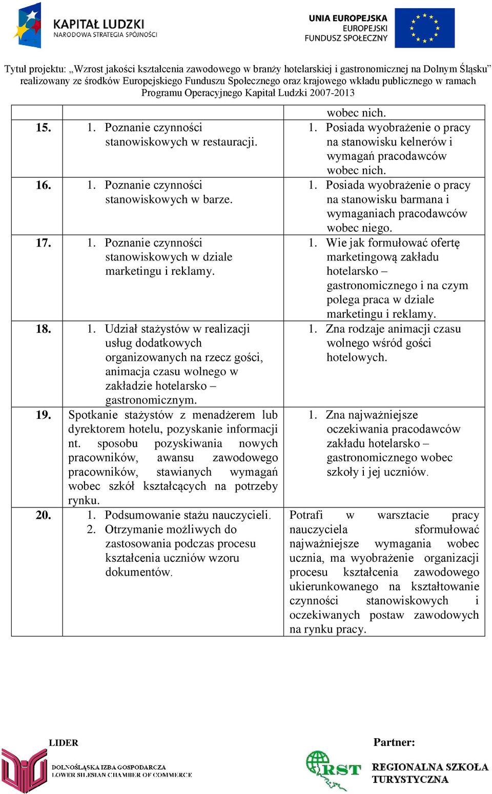 sposobu pozyskiwania nowych pracowników, awansu zawodowego pracowników, stawianych wymagań wobec szkół kształcących na potrzeby rynku. 20