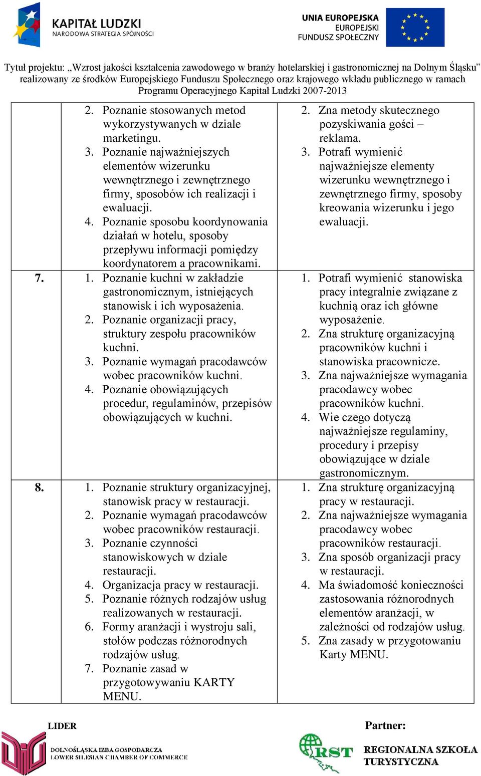 Poznanie kuchni w zakładzie gastronomicznym, istniejących stanowisk i ich wyposażenia. 2. Poznanie organizacji pracy, struktury zespołu pracowników kuchni. 3.