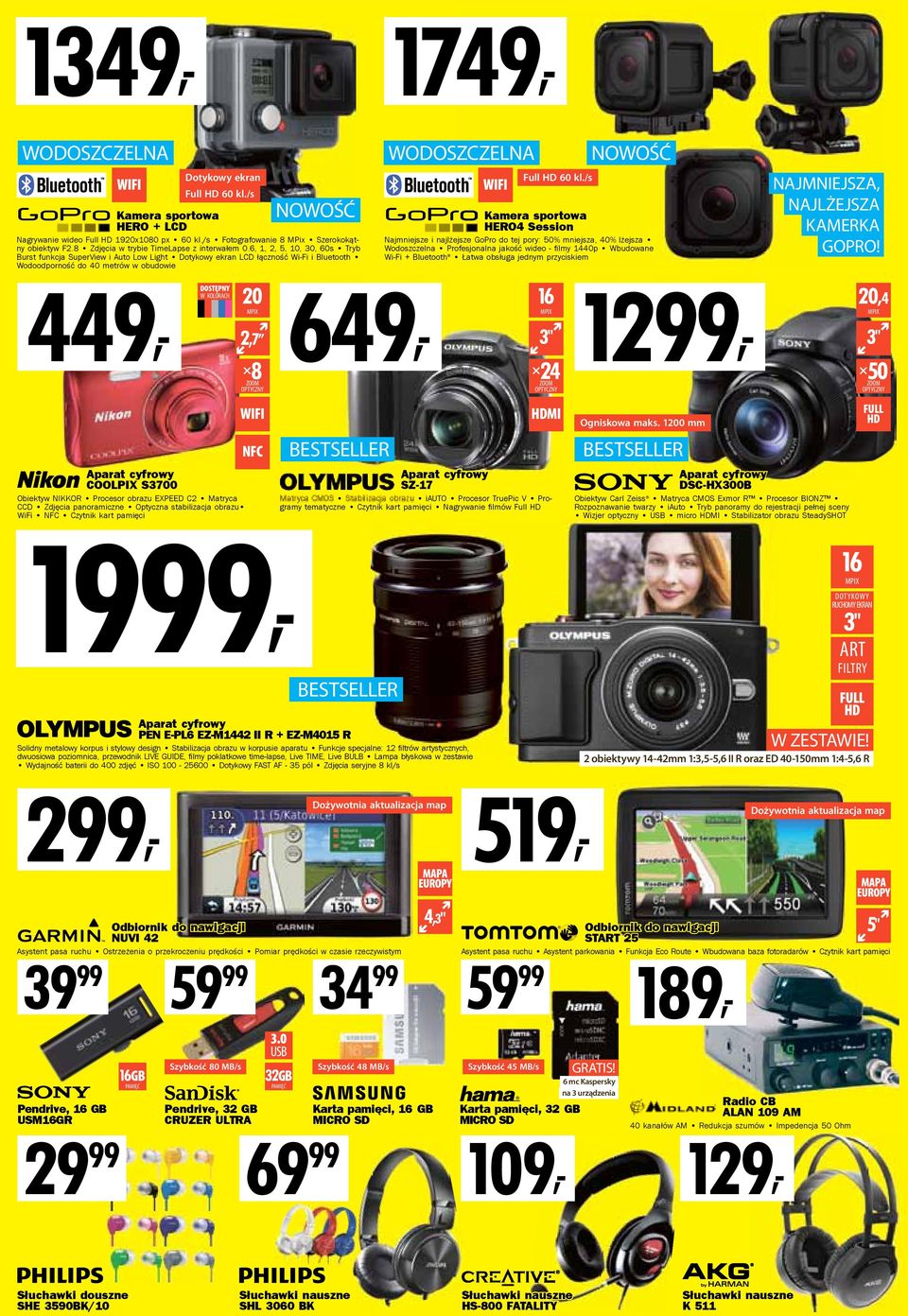 6, 1, 2, 5, 10, 30, 60s Tryb Burst funkcja SuperView i Auto Low Light Dotykowy ekran LCD łączność Wi-Fi i Bluetooth Wodoodporność do 40 metrów w obudowie 449, DOSTĘPNY W KOLORACH 20 MPIX 2,7 8 ZOOM