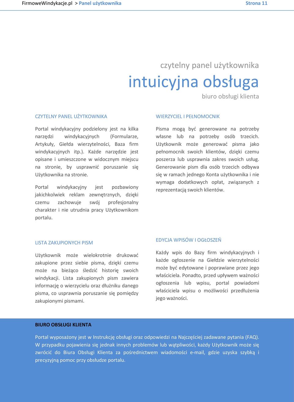 (Formularze, Artykuły, Giełda wierzytelności, Baza firm windykacyjnych itp.).