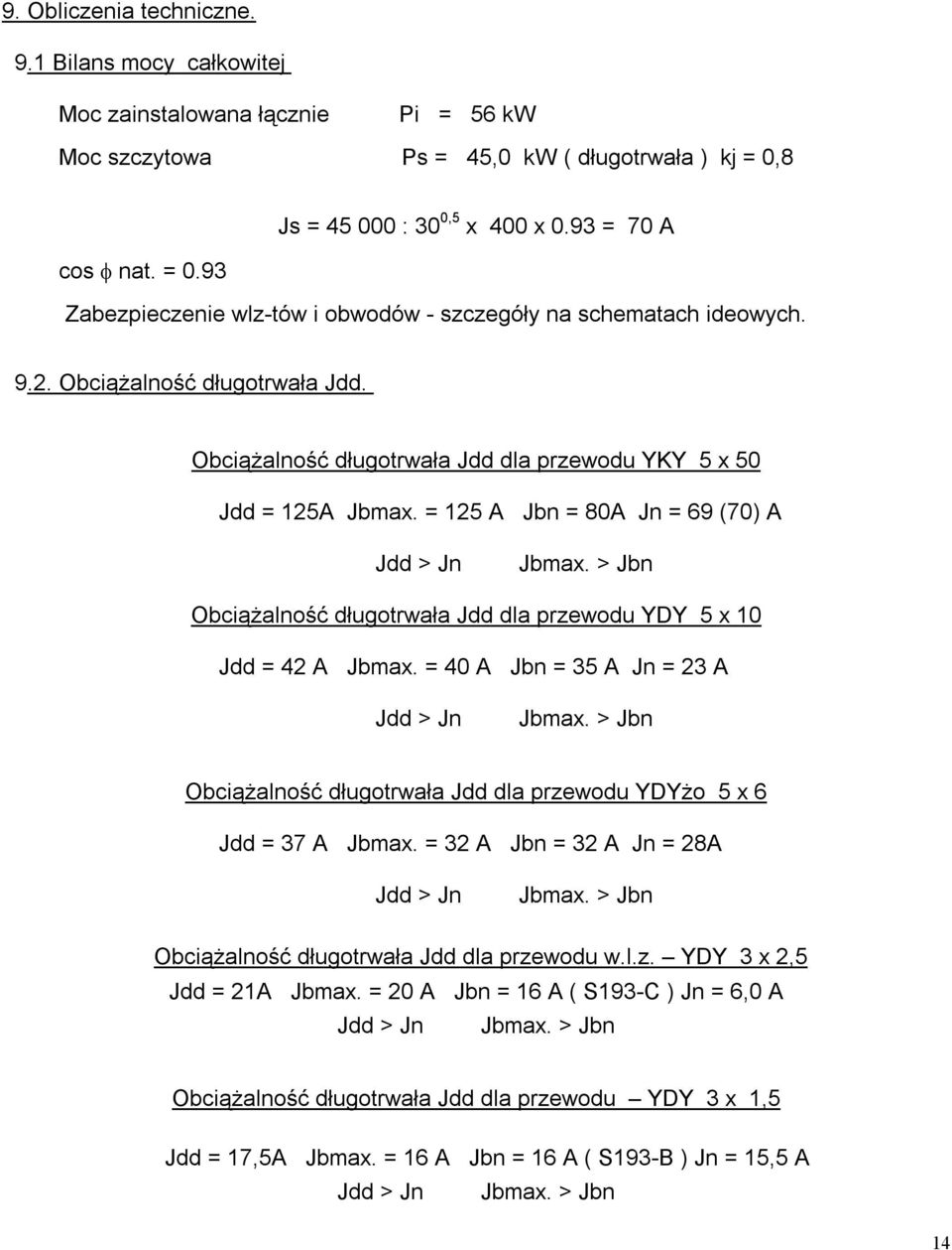 = 125 A Jbn = 80A Jn = 69 (70) A Jdd > Jn Jbmax. > Jbn Obciążalność długotrwała Jdd dla przewodu YDY 5 x 10 Jdd = 42 A Jbmax. = 40 A Jbn = 35 A Jn = 23 A Jdd > Jn Jbmax.
