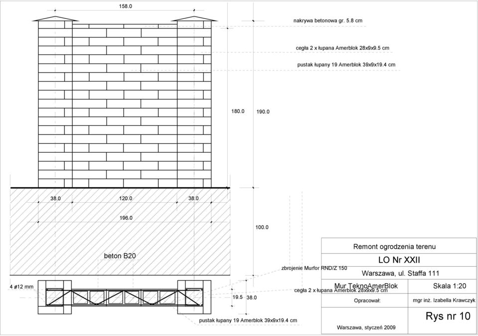 0 4 o12 mm zbrojenie Murfor RND/Z 150 Remont ogrodzenia terenu LO Nr XXII Mur TeknoAmerBlok Skala 1:20