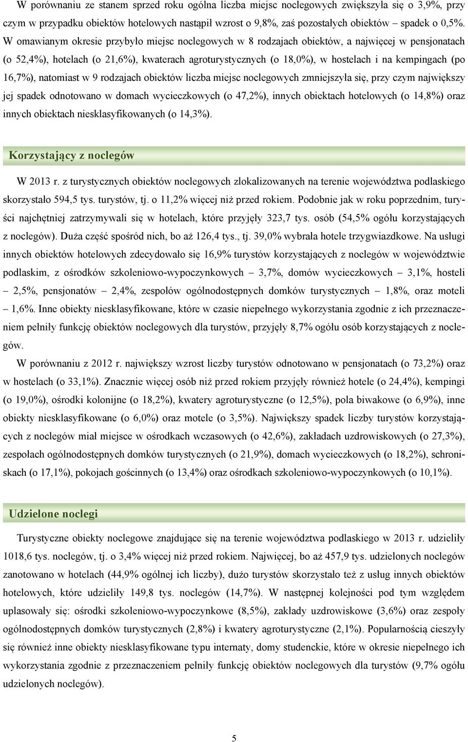 (po 16,7%), natomiast w 9 rodzajach obiektów liczba miejsc noclegowych zmniejszyła się, przy czym największy jej spadek odnotowano w domach wycieczkowych (o 47,2%), innych obiektach hotelowych (o