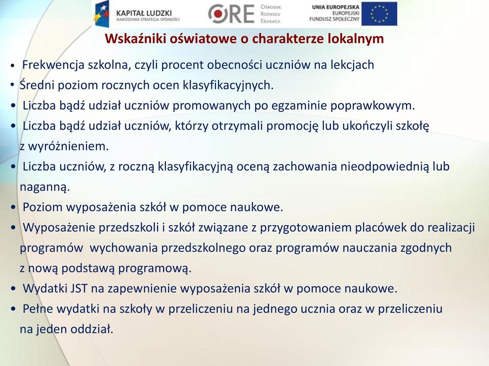 Liczba uczniów, z roczną klasyfikacyjną oceną zachowania nieodpowiednią lub naganną. Poziom wyposażenia szkół w pomoce naukowe.