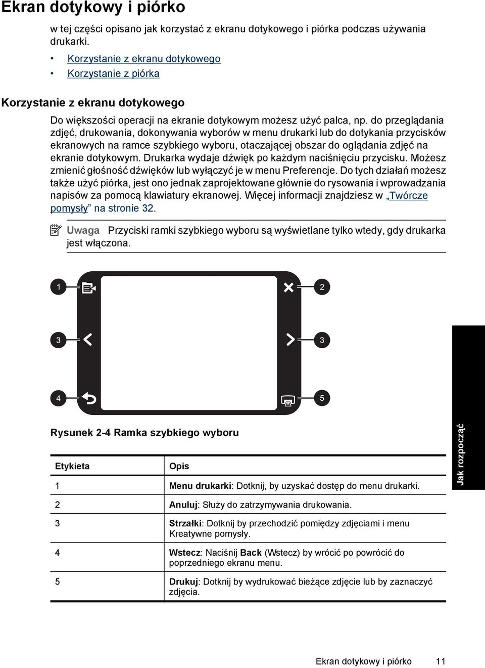 do przeglądania zdjęć, drukowania, dokonywania wyborów w menu drukarki lub do dotykania przycisków ekranowych na ramce szybkiego wyboru, otaczającej obszar do oglądania zdjęć na ekranie dotykowym.