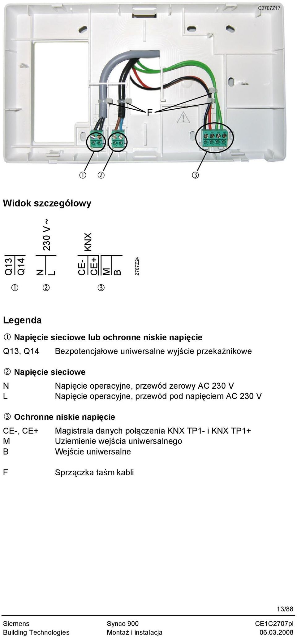 operacyjne, przewód pod napięciem AC 230 V Ochronne niskie napięcie CE-, CE+ Magistrala danych połączenia KNX TP1- i KNX TP1+ M