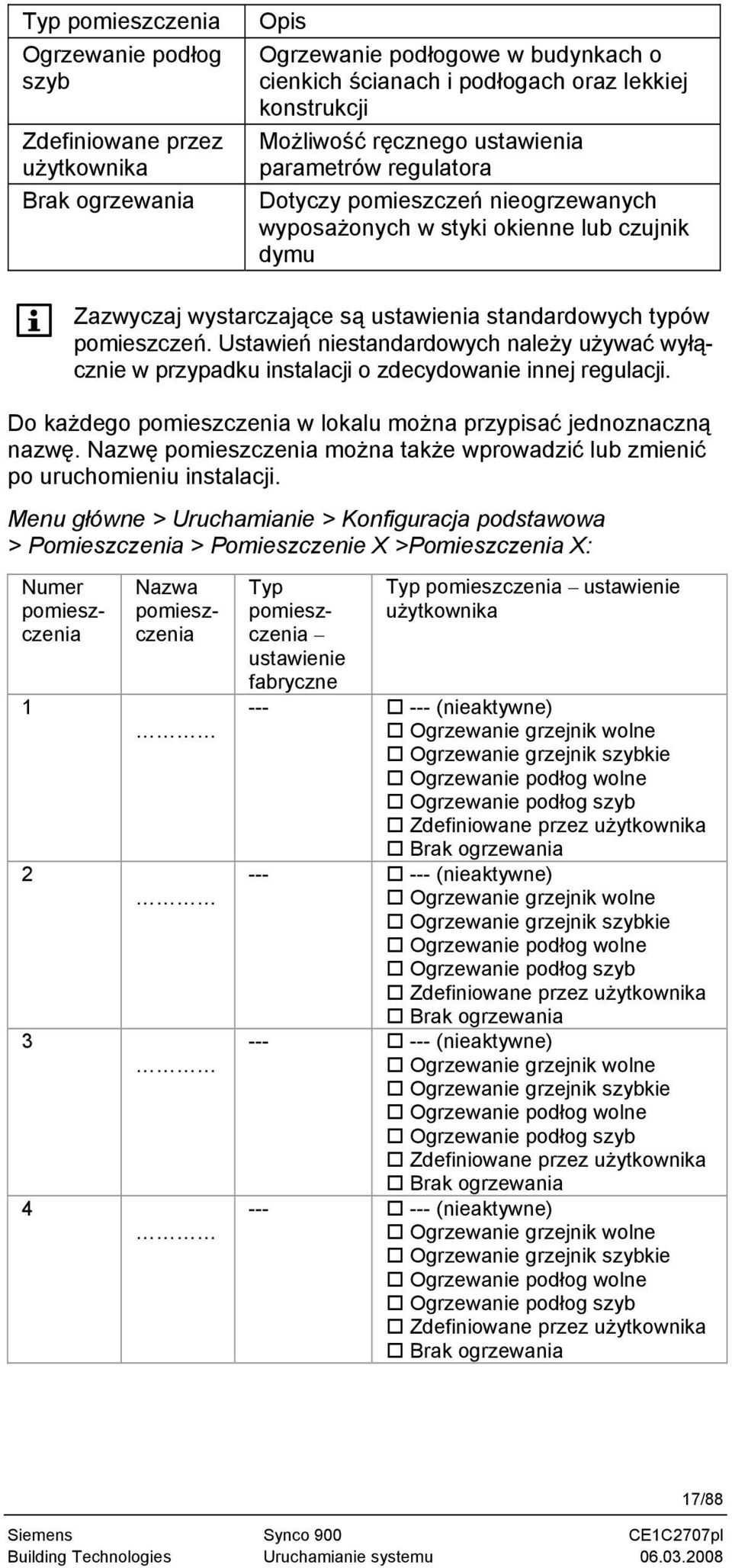 Ustawień niestandardowych należy używać wyłącznie w przypadku instalacji o zdecydowanie innej regulacji. Do każdego pomieszczenia w lokalu można przypisać jednoznaczną nazwę.