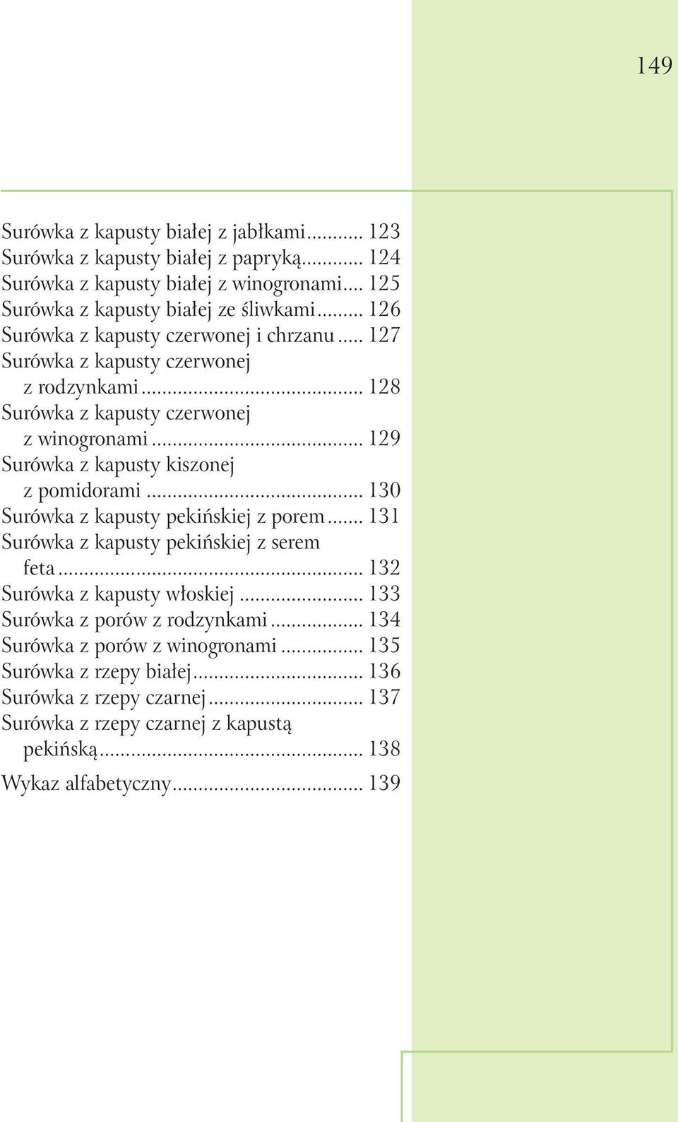 .. 129 Surówka z kapusty kiszonej z pomidorami... 130 Surówka z kapusty pekińskiej z porem... 131 Surówka z kapusty pekińskiej z serem feta... 132 Surówka z kapusty włoskiej.