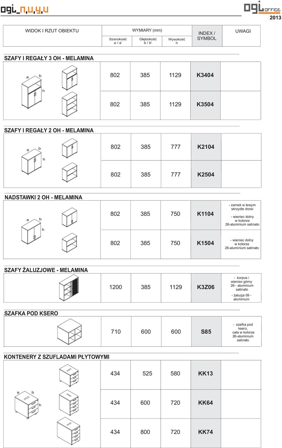 kolorze 26-aluminium satinato SZAFY ŻALUZJOWE - MELAMINA 385 1129 K3Z06 - korpus i wieniec górny 26 - aluminium satinato - żaluzja 09 - aluminium SZAFKA POD