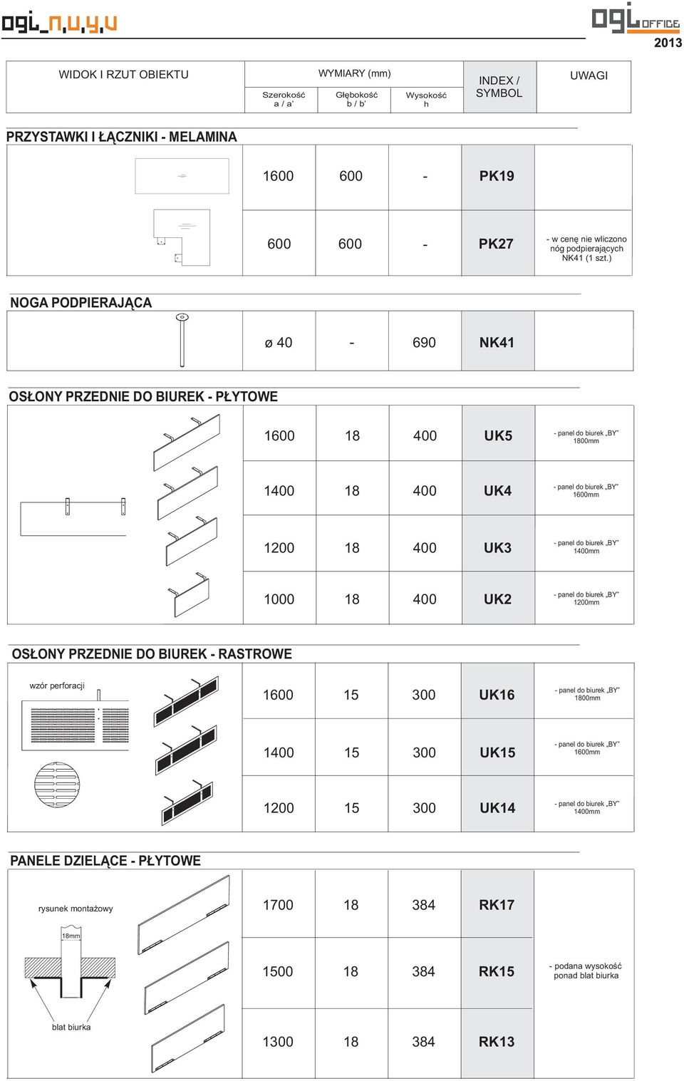 OSŁONY PRZEDNIE DO BIUREK - RASTROWE wzór perforacji 15 300 UK16 1mm 1400 15 300 UK15 mm 15 300 UK14 1400mm PANELE