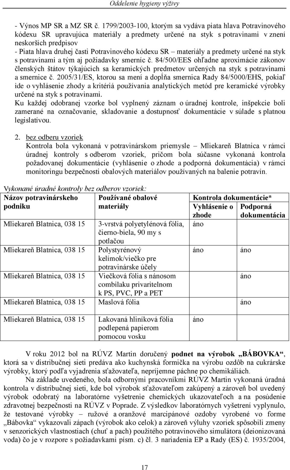 kódexu SR materiály a predmety určené na styk s potravinami a tým aj požiadavky smerníc č.
