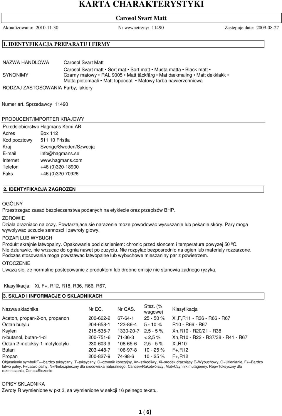 Sprzedawcy 11490 PRODUCENT/IMPORTER KRAJOWY Przedsiebiorstwo Hagmans Kemi AB Adres Box 112 Kod pocztowy 511 10 Fristla Kraj Sverige/Sweden/Szwecja E-mail info@hagmans.