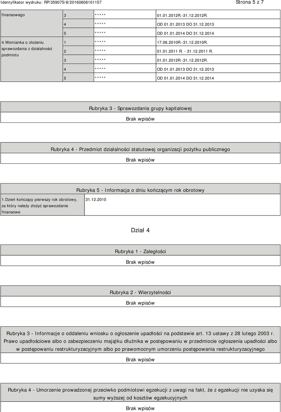 01.2014 DO 31.12.2014 Rubryka 3 - Sprawozdania grupy kapitałowej Rubryka 4 - Przedmiot działalności statutowej organizacji pożytku publicznego Rubryka 5 - Informacja o dniu kończącym rok obrotowy 1.