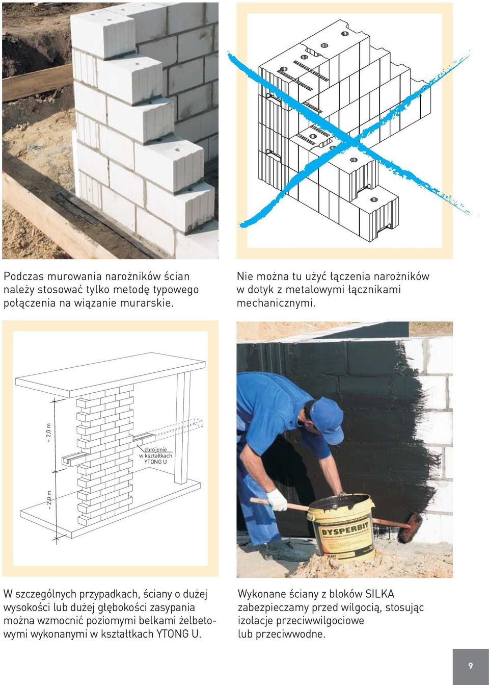 ~2,0m zbrojenie wkształtkach YTONG U W szczególnych przypadkach, ściany o dużej wysokości lub dużej głębokości zasypania można