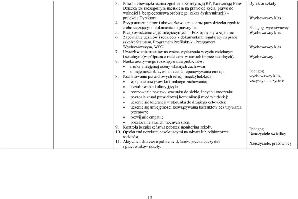 Zapoznanie uczniów i rodziców z dokumentami regulującymi pracę szkoły: Statutem, Programem Profilaktyki, Programem Wychowawczym, WSO. 7.