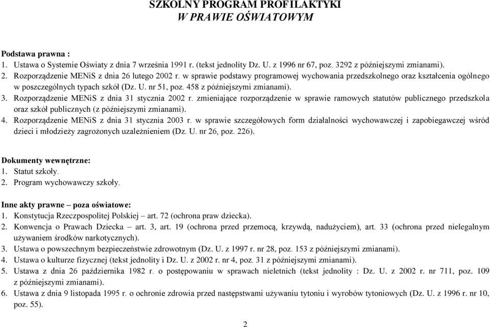 458 z późniejszymi zmianami). 3. Rozporządzenie MENiS z dnia 31 stycznia 2002 r.