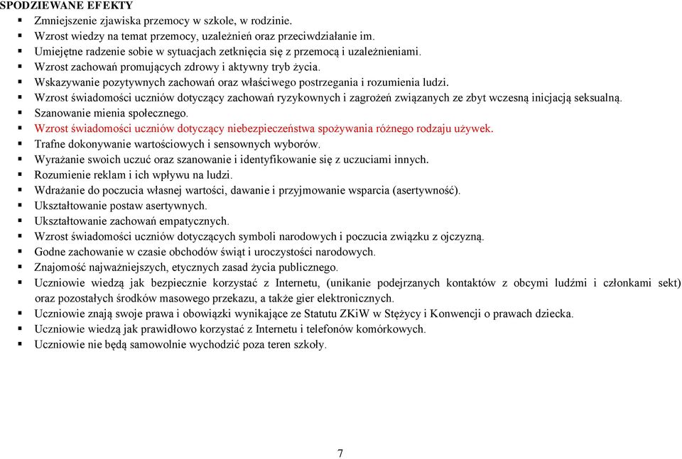 Wskazywanie pozytywnych zachowań oraz właściwego postrzegania i rozumienia ludzi. Wzrost świadomości uczniów dotyczący zachowań ryzykownych i zagrożeń związanych ze zbyt wczesną inicjacją seksualną.