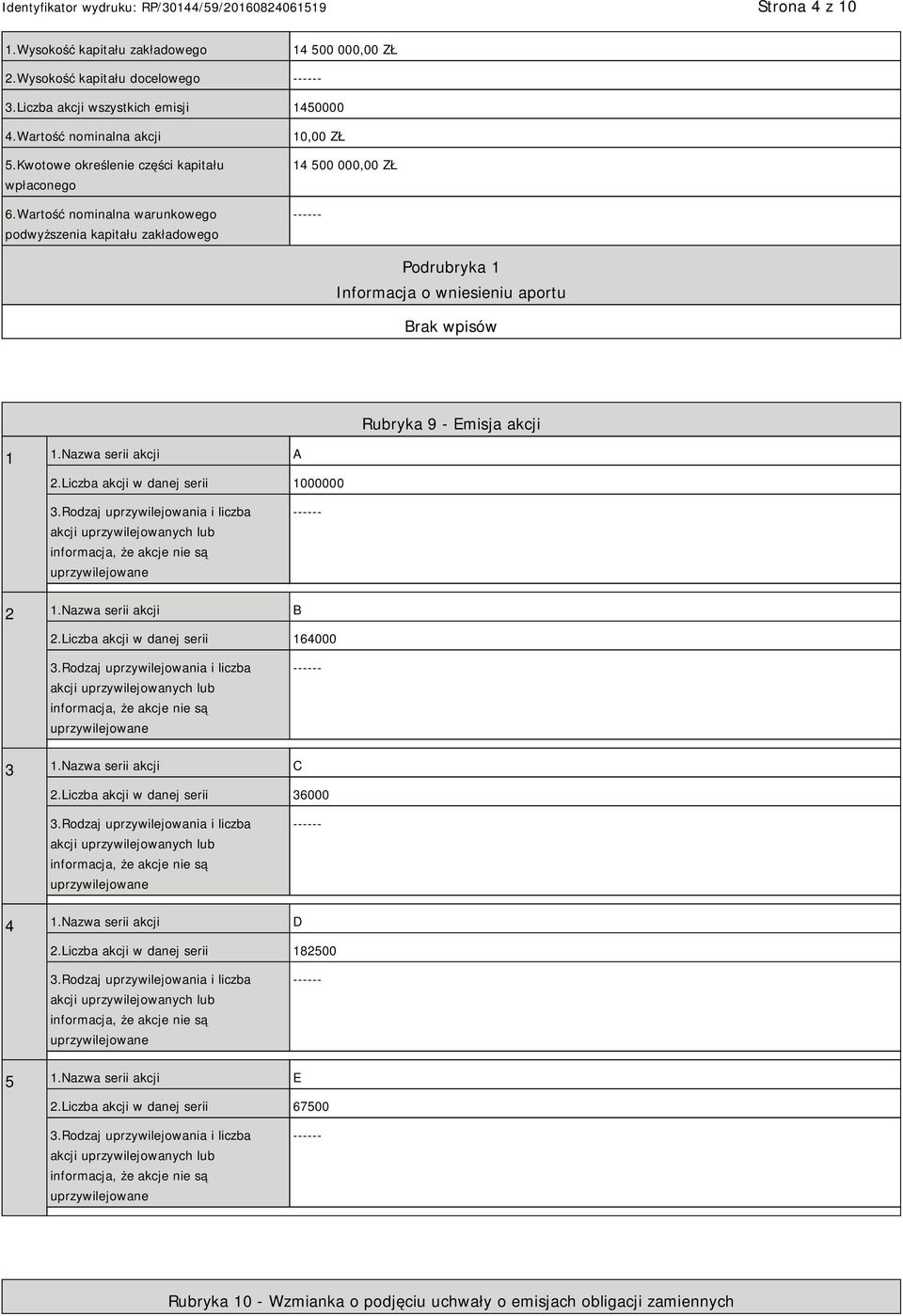 Wartość nominalna warunkowego podwyższenia kapitału zakładowego 10,00 ZŁ 14 500 000,00 ZŁ Podrubryka 1 Informacja o wniesieniu aportu Rubryka 9 - Emisja akcji 1 1.Nazwa serii akcji A 2.