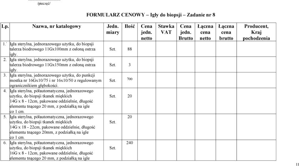 Igła sterylna, jednorazowego użytku, do punkcji mostka nr 16Gx10/75 i nr 16x10/50 z regulowanym ogranicznikiem głębokości. 4.