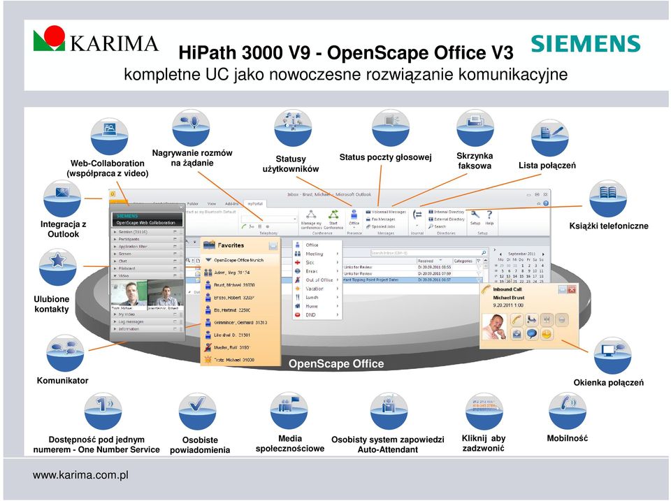 Outlook Książki telefoniczne Ulubione kontakty Komunikator OpenScape Office Okienka połączeń Dostępność pod jednym numerem -