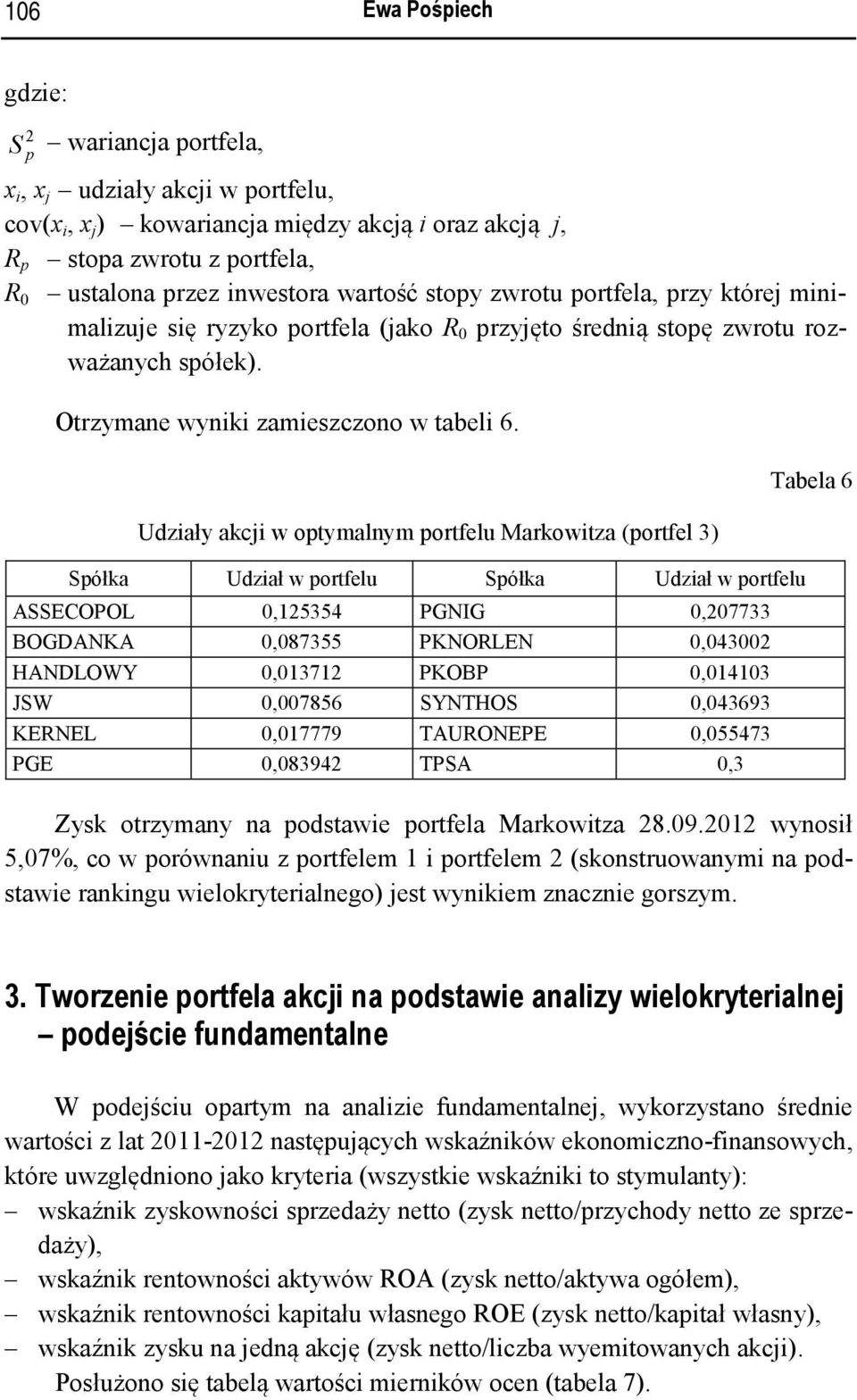 Udziały akcji w optymalnym portfelu Markowitza (portfel 3) Spółka Udział w portfelu Spółka Udział w portfelu ASSECOPOL 0,25354 PGNIG 0,207733 BOGDANKA 0,087355 PKNORLEN 0,043002 HANDLOWY 0,0372 PKOBP