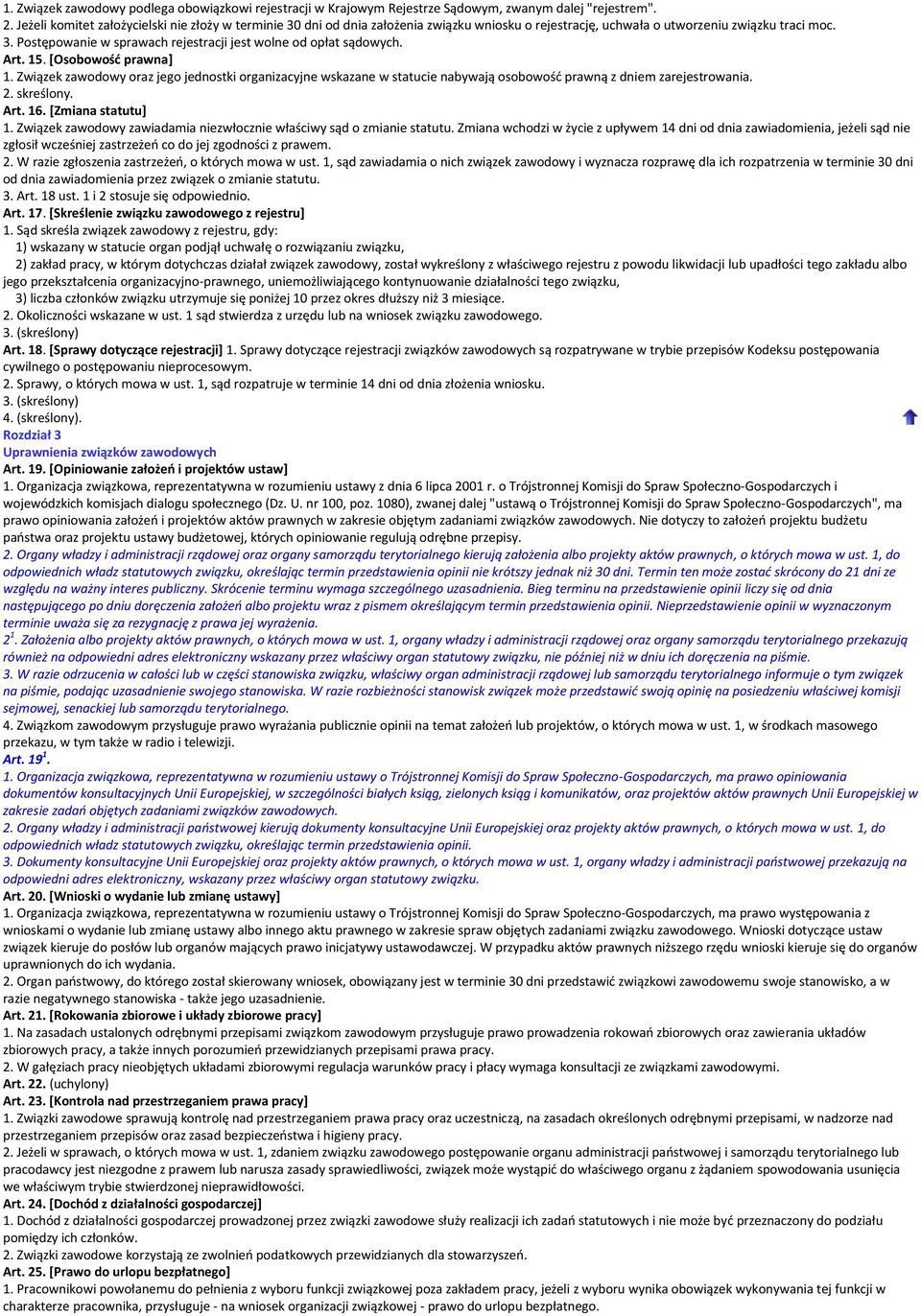 Art. 15. [Osobowośd prawna] 1. Związek zawodowy oraz jego jednostki organizacyjne wskazane w statucie nabywają osobowośd prawną z dniem zarejestrowania. 2. skreślony. Art. 16. [Zmiana statutu] 1.
