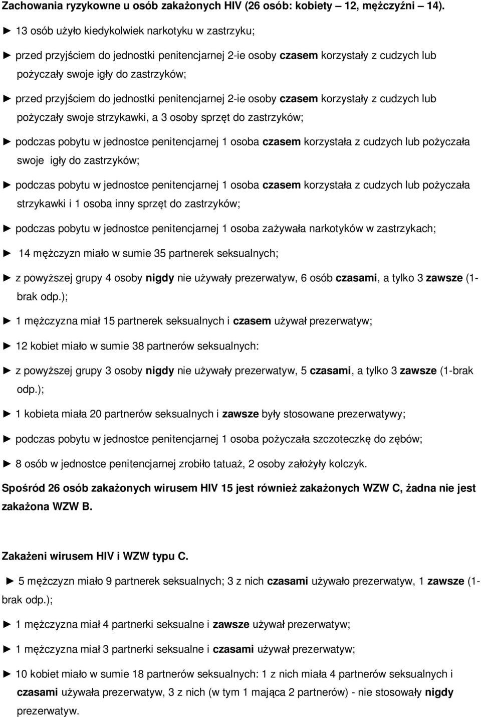 jednostki penitencjarnej 2-ie osoby czasem korzystały z cudzych lub pożyczały swoje strzykawki, a 3 osoby sprzęt do zastrzyków; podczas pobytu w jednostce penitencjarnej 1 osoba czasem korzystała z