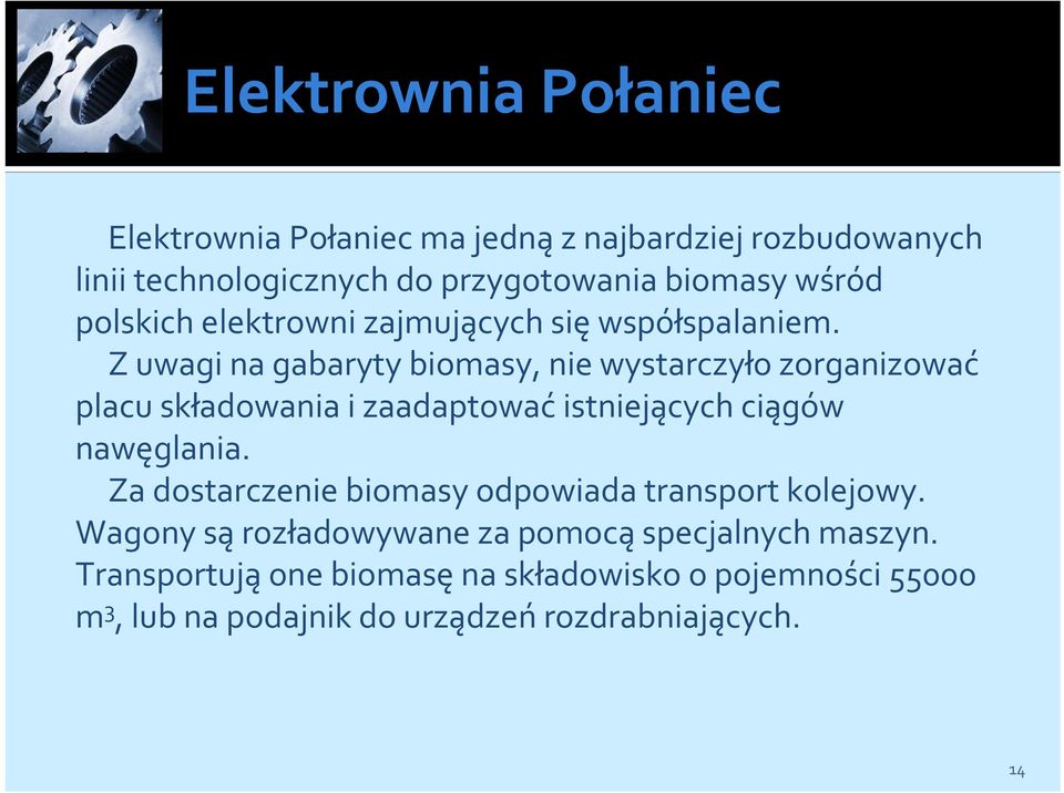 Z uwagi na gabaryty biomasy, nie wystarczyło zorganizować placu składowania i zaadaptowaćistniejących ciągów nawęglania.