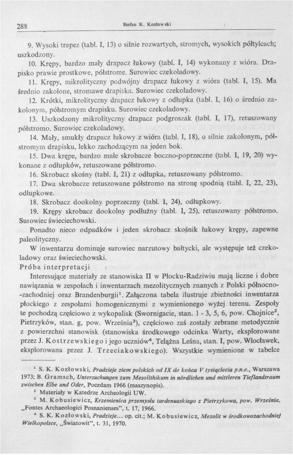 Krótki, mikrolityczny drapacz łukowy z odhipka (tab). I, 16) o średnio zakolonym, półstromym drapisku. Surowiec czekoladowy. 13. Uszkodzony mikrolityczny drapacz podgroszak (tabl.