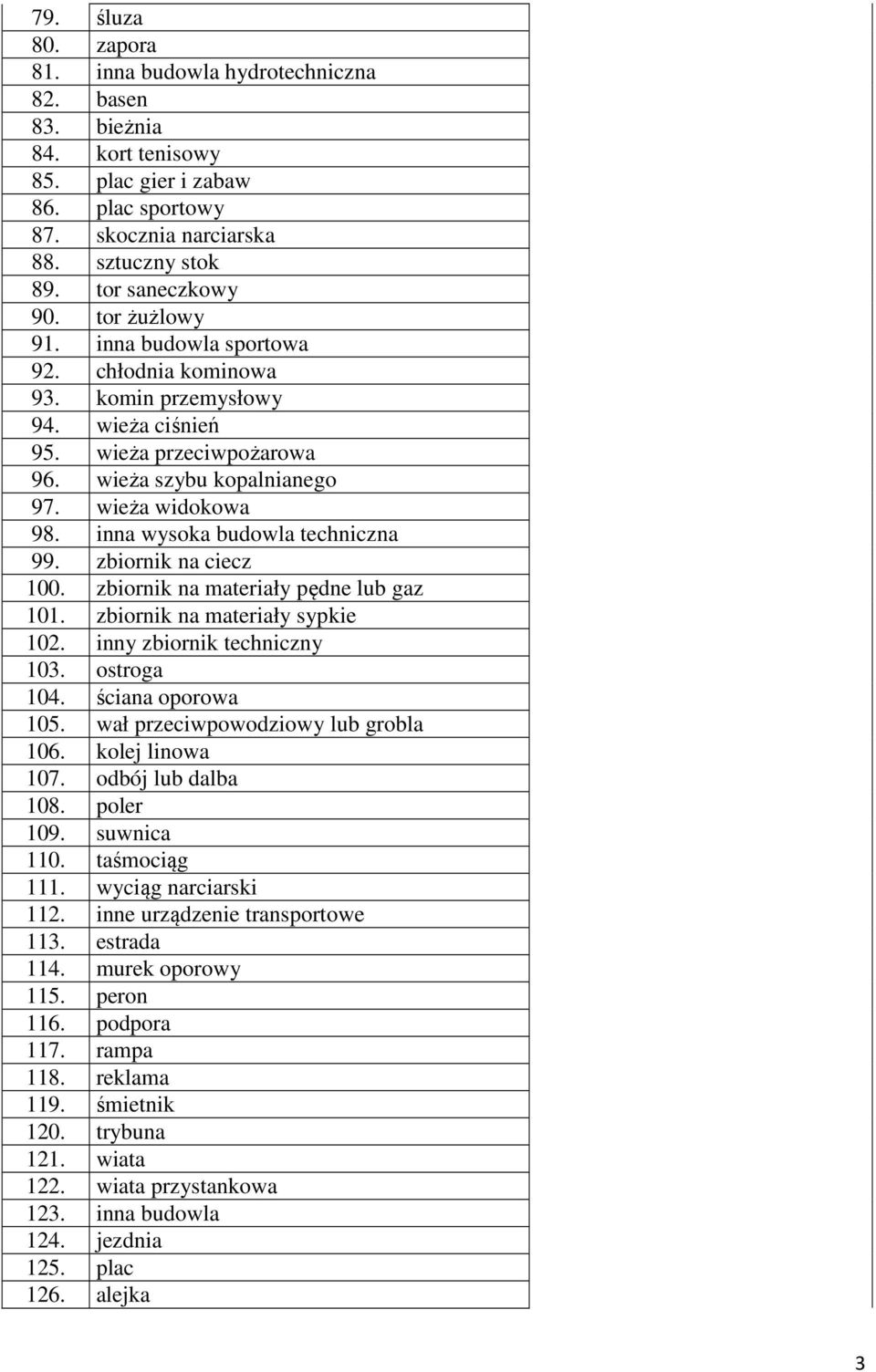 inna wysoka budowla techniczna 99. zbiornik na ciecz 100. zbiornik na materiały pędne lub gaz 101. zbiornik na materiały sypkie 102. inny zbiornik techniczny 103. ostroga 104. ściana oporowa 105.