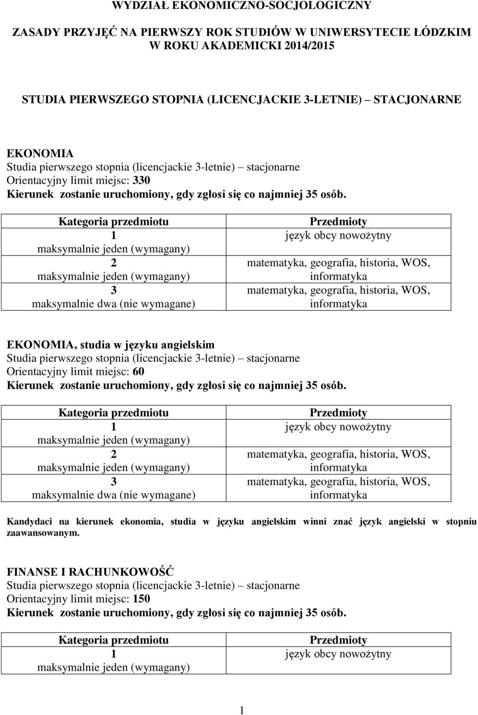 w języku angielskim Studia pierwszego stopnia (licencjackie -letnie) stacjonarne Kandydaci na kierunek ekonomia, studia w języku angielskim winni znać