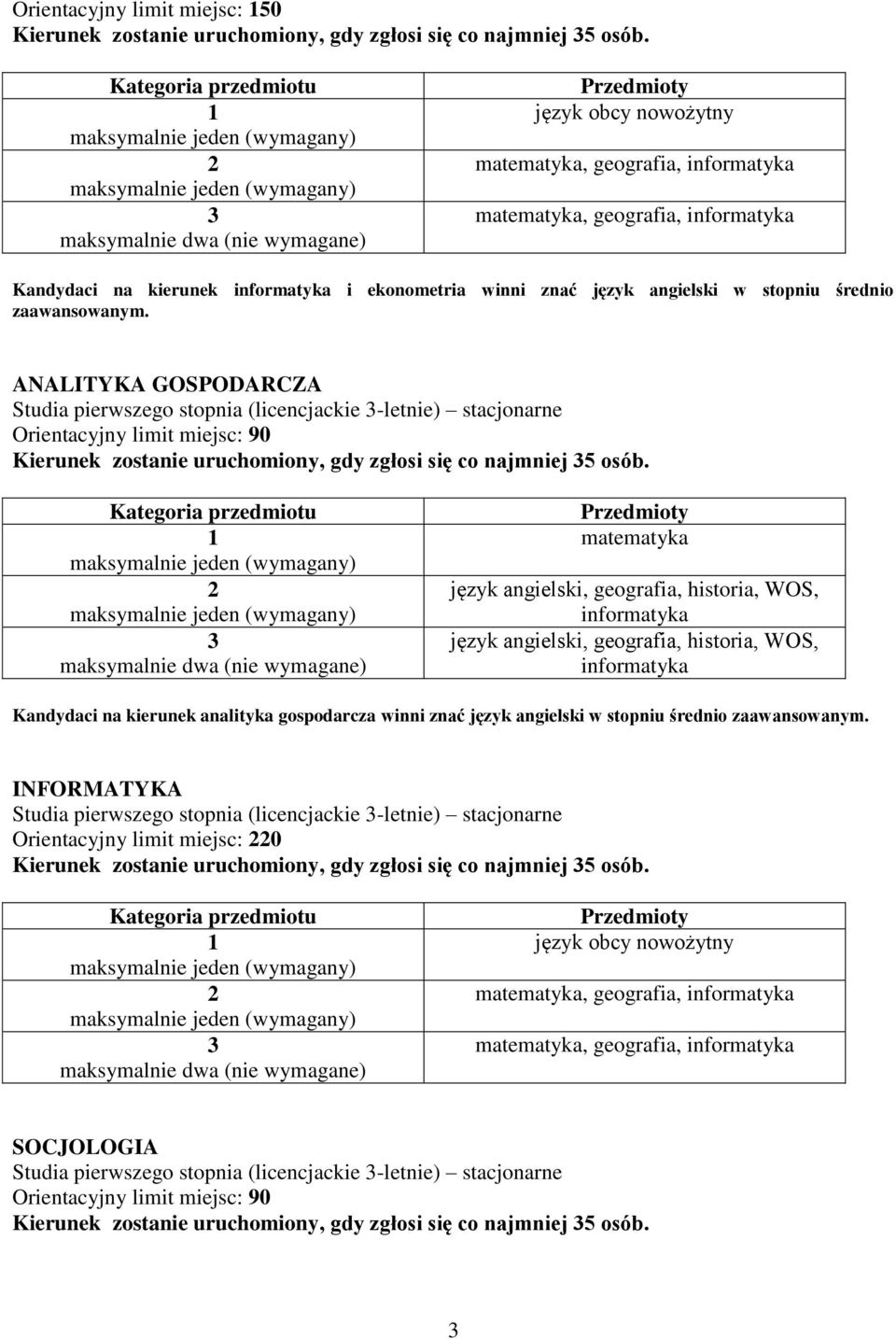 ANALITYKA GOSPODARCZA Studia pierwszego stopnia (licencjackie -letnie) stacjonarne matematyka język angielski, geografia, historia, WOS, język angielski, geografia,