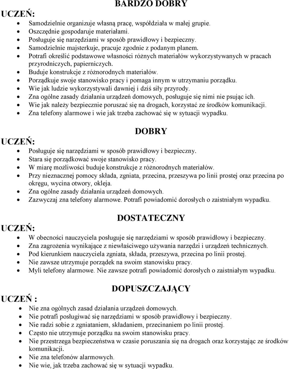 Buduje konstrukcje z różnorodnych materiałów. Porządkuje swoje stanowisko pracy i pomaga innym w utrzymaniu porządku. Wie jak ludzie wykorzystywali dawniej i dziś siły przyrody.