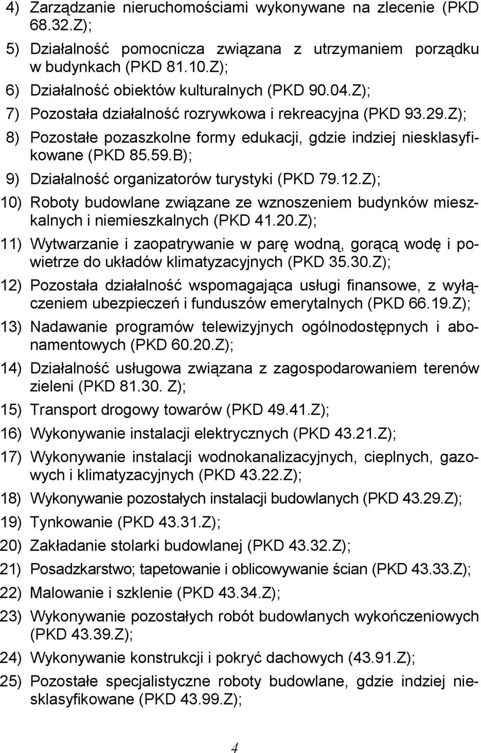 B); 9) Działalność organizatorów turystyki (PKD 79.12.Z); 10) Roboty budowlane związane ze wznoszeniem budynków mieszkalnych i niemieszkalnych (PKD 41.20.