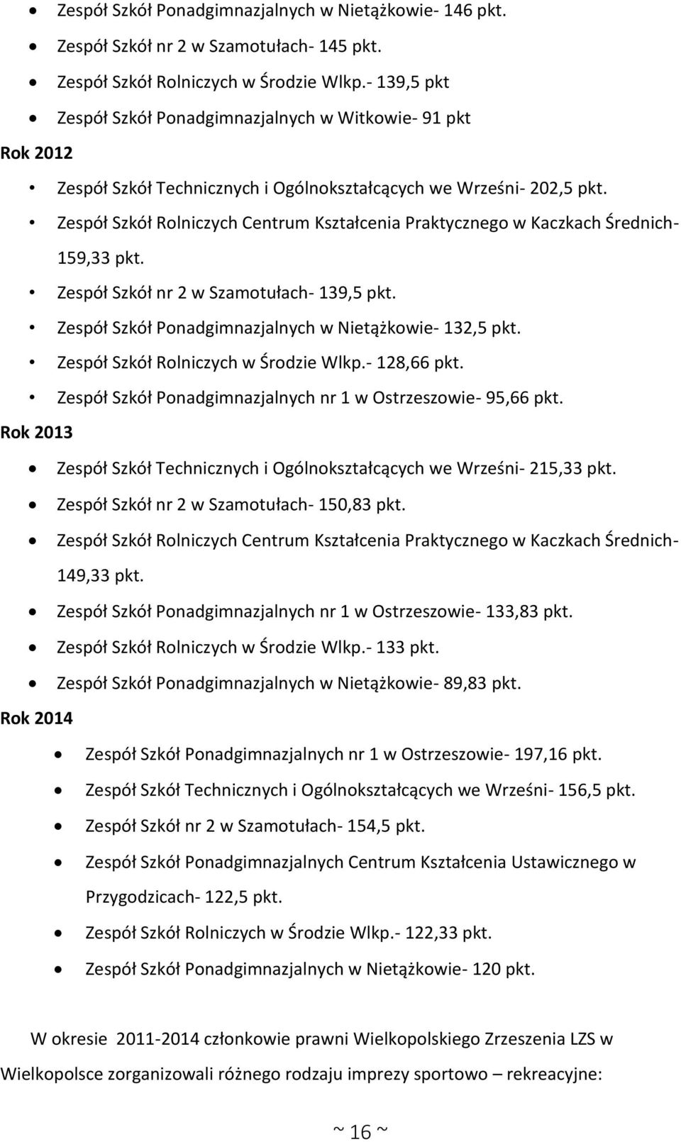 Zespół Szkół Rolniczych Centrum Kształcenia Praktycznego w Kaczkach Średnich- 159,33 pkt. Zespół Szkół nr 2 w Szamotułach- 139,5 pkt. Zespół Szkół Ponadgimnazjalnych w Nietążkowie- 132,5 pkt.