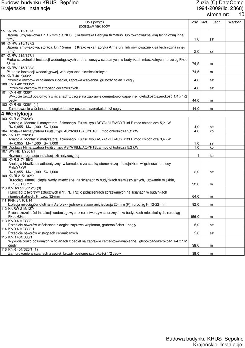 stojąca, Dn 15 mm ( Krakowska Fabryka Armatury lub równoważne klsą techniczną innej firmy) 2,0 szt 97 KNRW 215/127/1 Próba szczelności instalacji wodociągowych z rur z tworzyw sztucznych, w budynkach