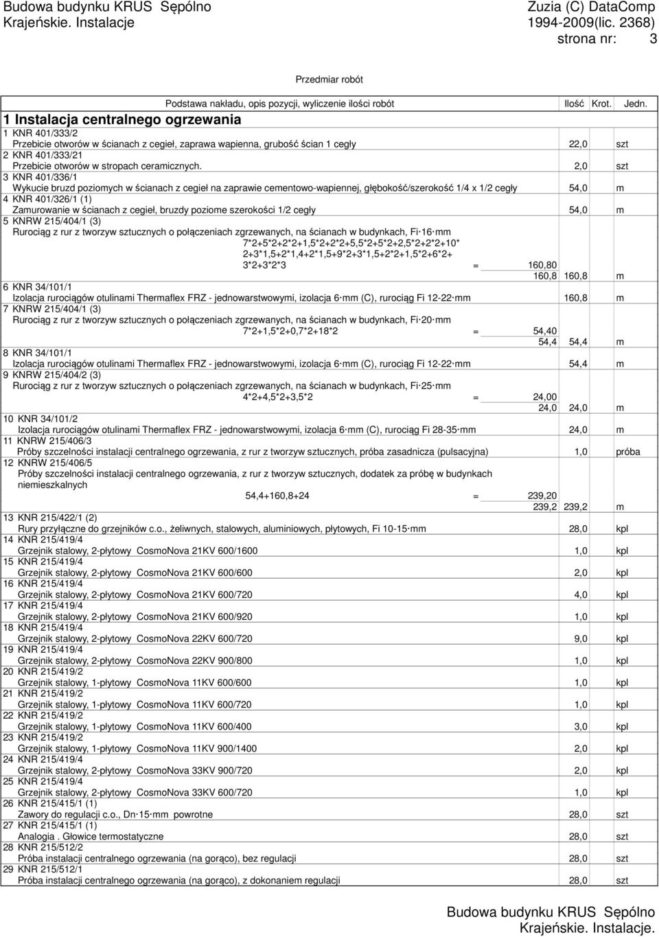 2,0 szt 3 KNR 401/336/1 Wykucie bruzd poziomych w ścianach z cegieł na zaprawie cementowo-wapiennej, głębokość/szerokość 1/4 x 1/2 cegły 54,0 m 4 KNR 401/326/1 (1) Zamurowanie w ścianach z cegieł,