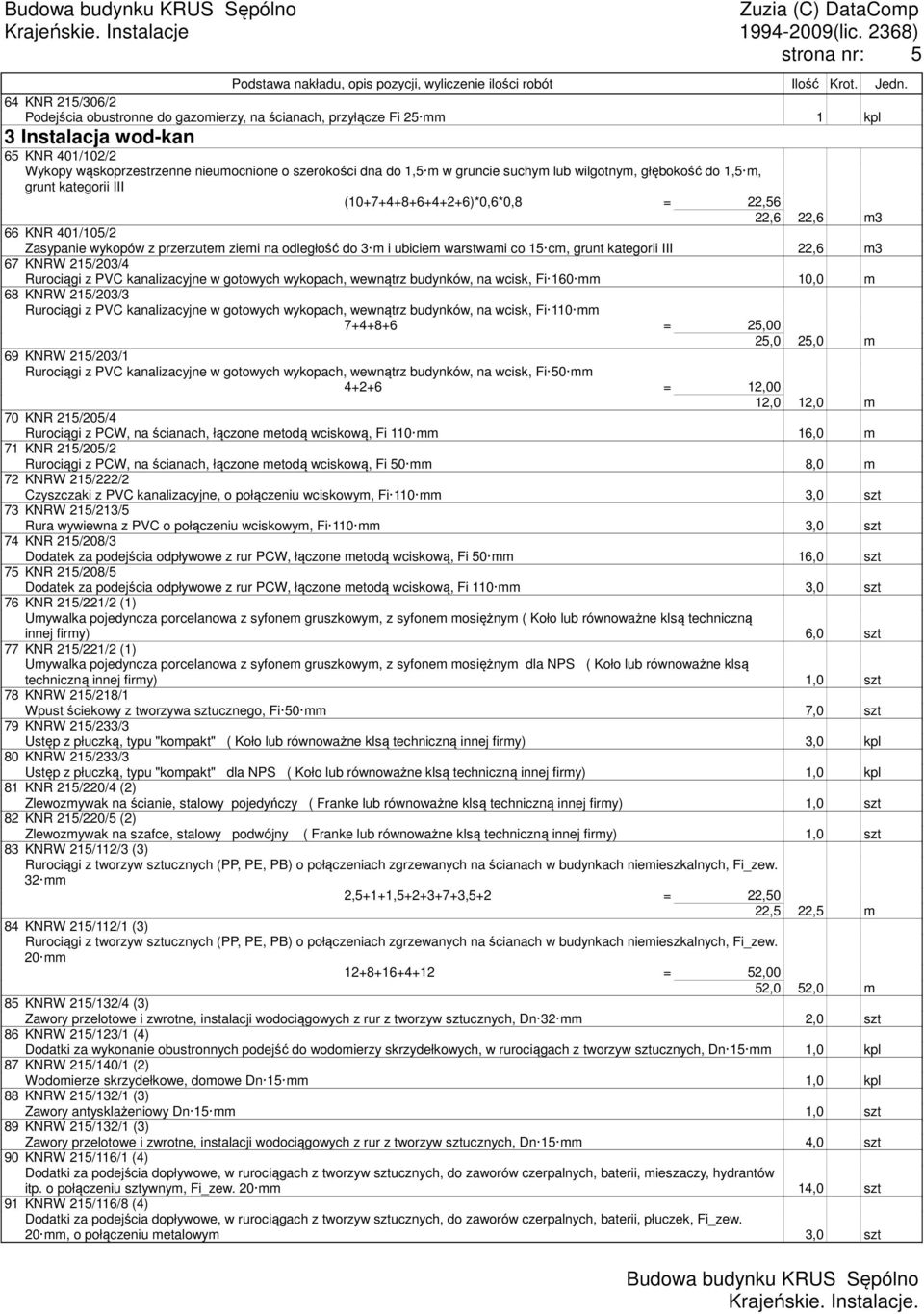 gruncie suchym lub wilgotnym, głębokość do 1,5 m, grunt kategorii III (10+7+4+8+6+4+2+6)*0,6*0,8 = 22,56 22,6 22,6 m3 66 KNR 401/105/2 Zasypanie wykopów z przerzutem ziemi na odległość do 3 m i
