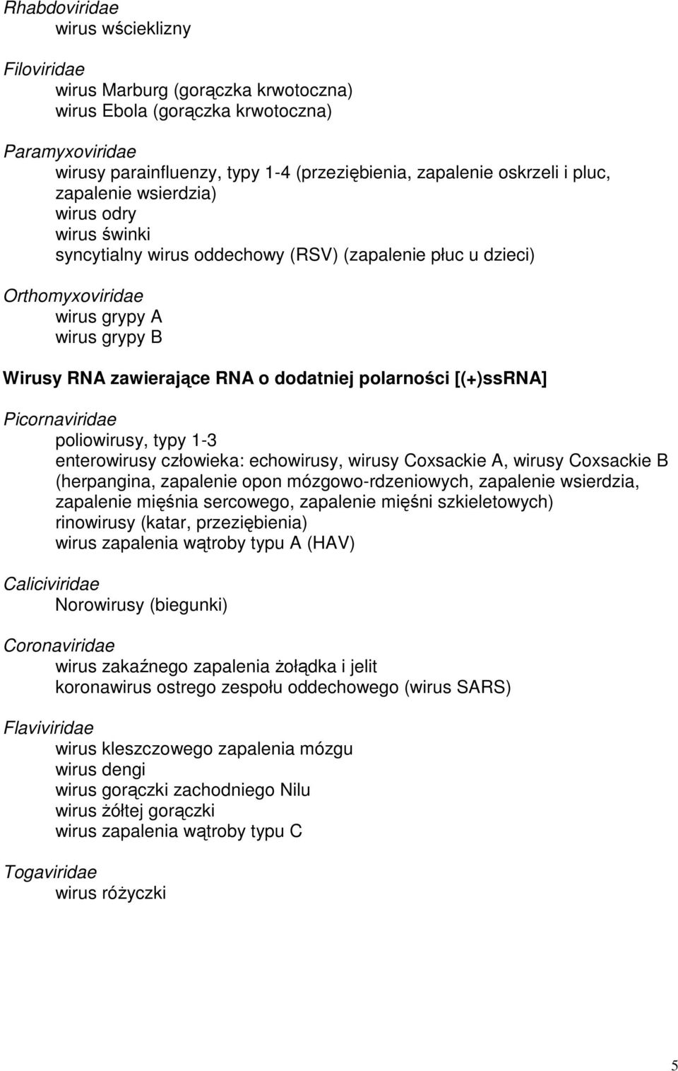 polarności [(+)ssrna] Picornaviridae poliowirusy, typy 1-3 enterowirusy człowieka: echowirusy, wirusy Coxsackie A, wirusy Coxsackie B (herpangina, zapalenie opon mózgowo-rdzeniowych, zapalenie