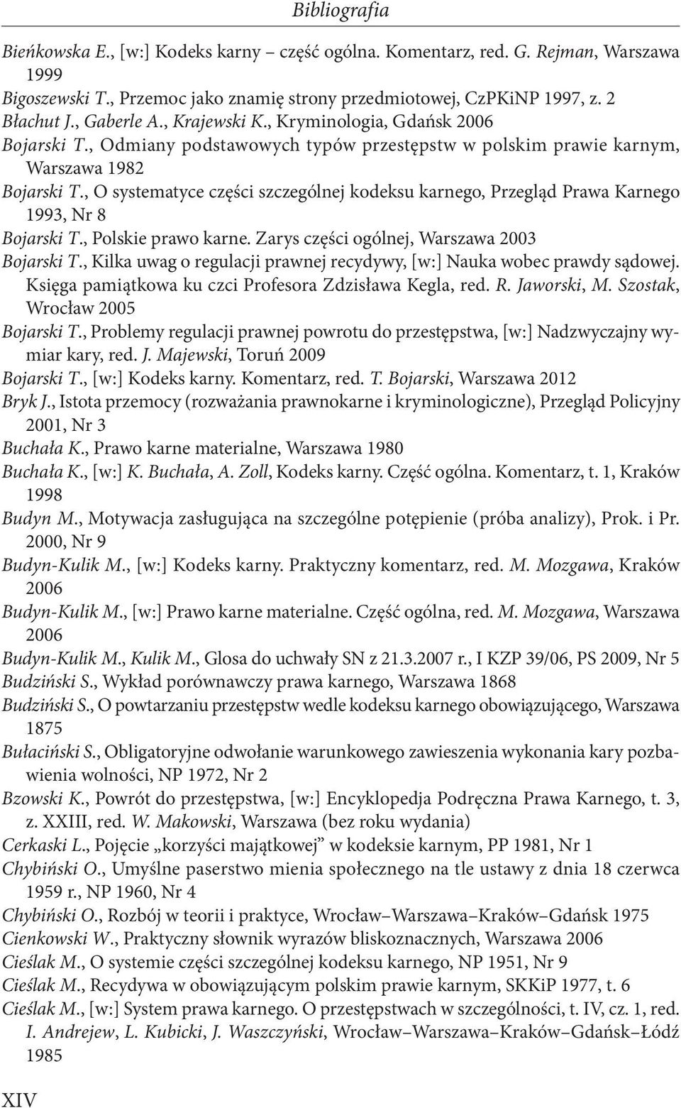 , O systematyce części szczególnej kodeksu karnego, Przegląd Prawa Karnego 1993, Nr 8 Bojarski T., Polskie prawo karne. Zarys części ogólnej, Warszawa 2003 Bojarski T.