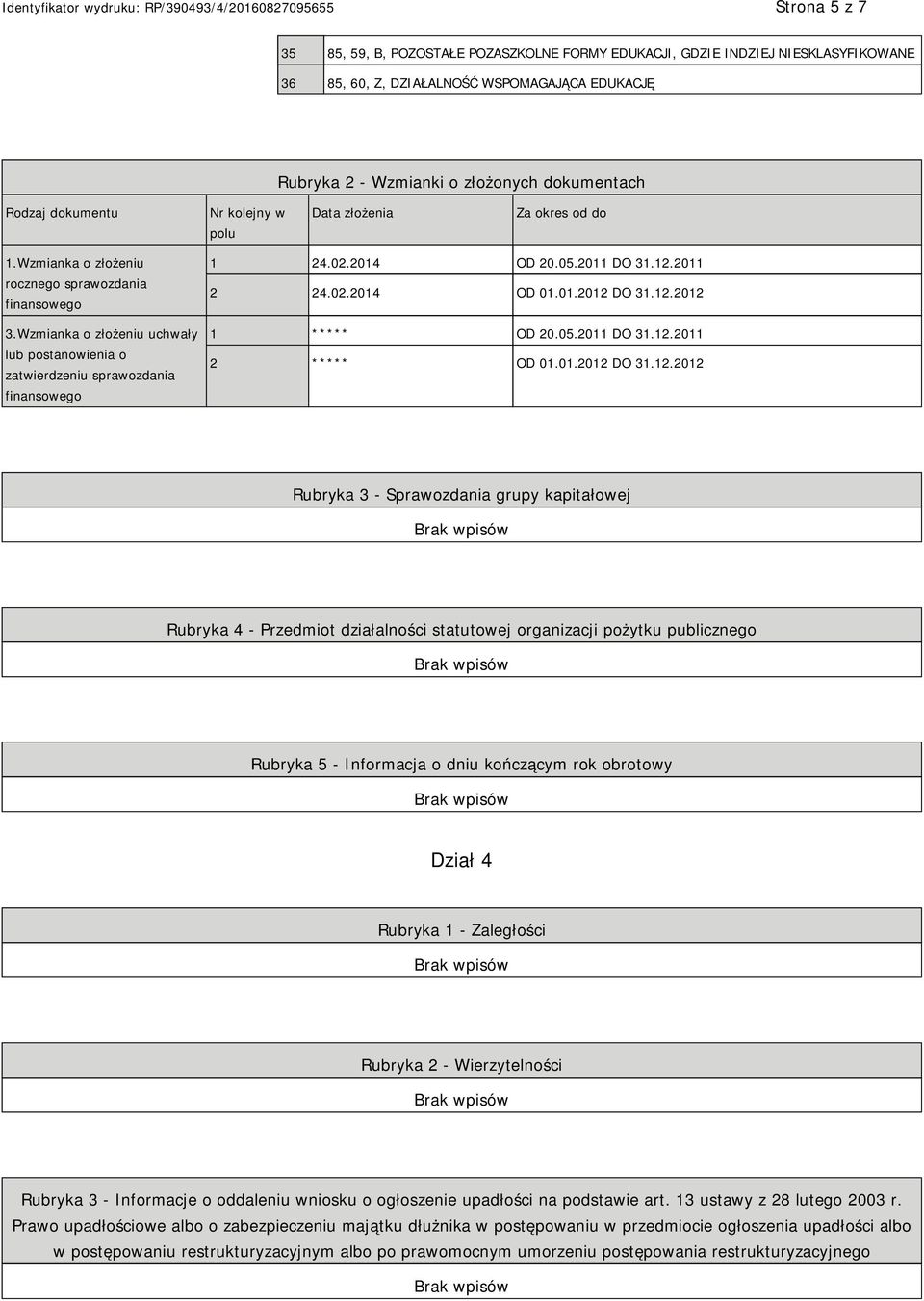 Wzmianka o złożeniu uchwały lub postanowienia o zatwierdzeniu sprawozdania finansowego 1 24.02.2014 OD 20.05.2011 DO 31.12.2011 2 24.02.2014 OD 01.01.2012 DO 31.12.2012 1 OD 20.05.2011 DO 31.12.2011 2 OD 01.
