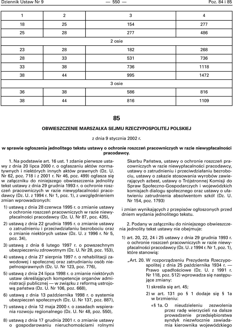 POLSKIEJ z dnia 9 stycznia 2002 r. w sprawie og oszenia jednolitego tekstu ustawy o ochronie roszczeƒ pracowniczych w razie niewyp acalnoêci pracodawcy. 1. Na podstawie art. 16 ust.