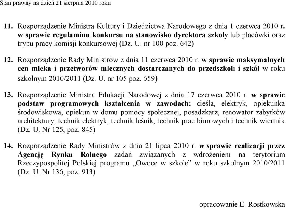 w sprawie maksymalnych cen mleka i przetworów mlecznych dostarczanych do przedszkoli i szkół w roku szkolnym 2010/2011 (Dz. U. nr 105 poz. 659) 13.