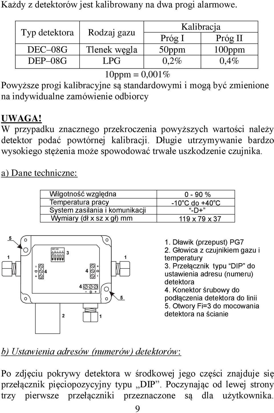 indywidualne zamówienie odbiorcy UWAGA! W przypadku znacznego przekroczenia powyższych wartości należy detektor podać powtórnej kalibracji.