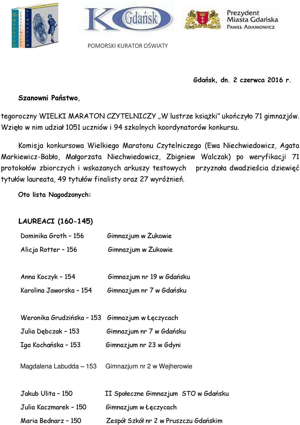 Komisja konkursowa Wielkiego Maratonu Czytelniczego (Ewa Niechwiedowicz, Agata Markiewicz-Babło, Małgorzata Niechwiedowicz, Zbigniew Walczak) po weryfikacji 71 protokołów zbiorczych i wskazanych