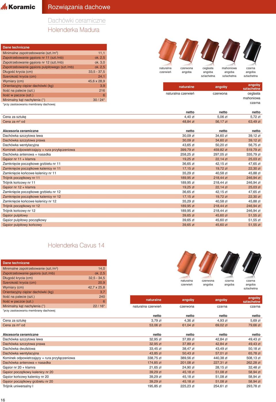 ) 6 Minimalny kąt nachylenia ( ) 30 / 24* ceglasta mahoniowa naturalne szlachetne ceglasta mahoniowa netto netto netto Cena za sztukę 4,40 zł 5,06 zł 5,72 zł Cena od 48,84 zł 56,17 zł 63,49 zł