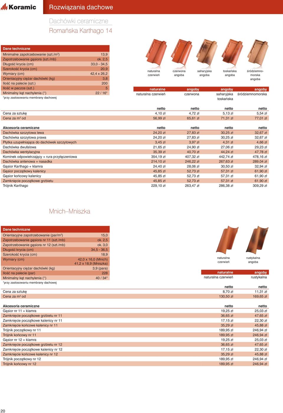 ) 5 Minimalny kąt nachylenia ( ) 22 / 16* saharyjska toskańska śródziemnomorska naturalne saharyjska śródziemnomorska toskańska netto netto netto netto Cena za sztukę 4,10 zł 4,72 zł 5,13 zł 5,54 zł