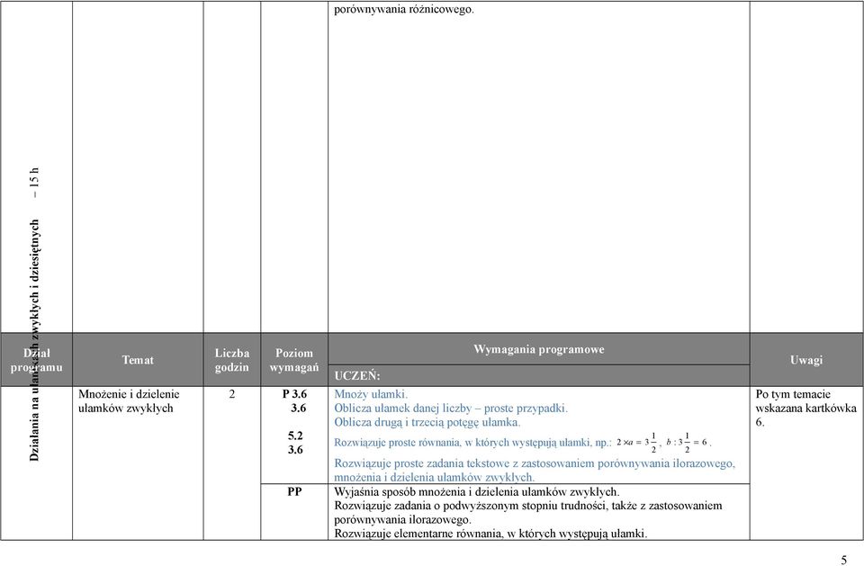: 2 a = 3, b : 3 = 6. 2 2 Rozwiązuje proste zadania tekstowe z zastosowaniem porównywania ilorazowego, mnożenia i dzielenia ułamków zwykłych.