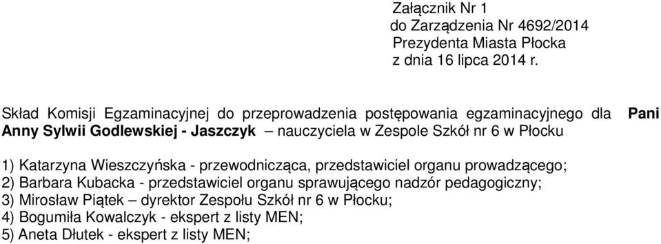 nr 6 w Płocku 2) Barbara Kubacka - przedstawiciel organu sprawującego nadzór